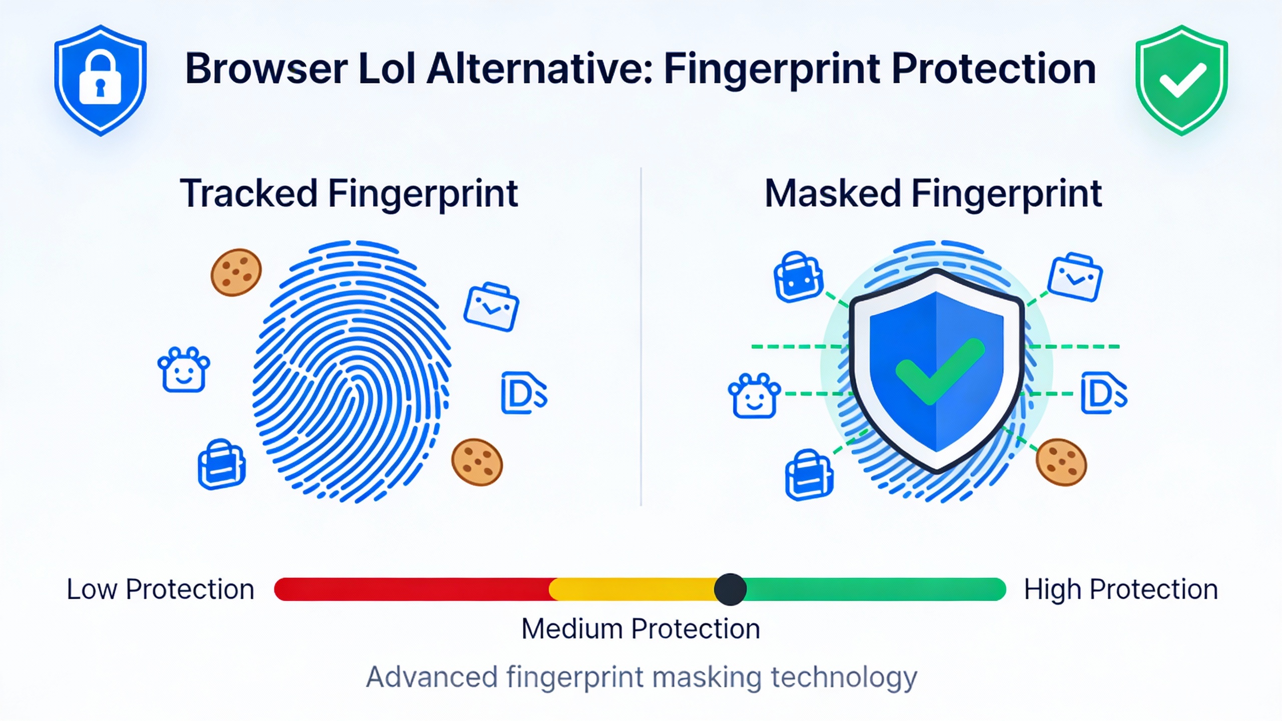 Browser fingerprint protection illustration for Browser Lol Alternative.
        Before/After compar