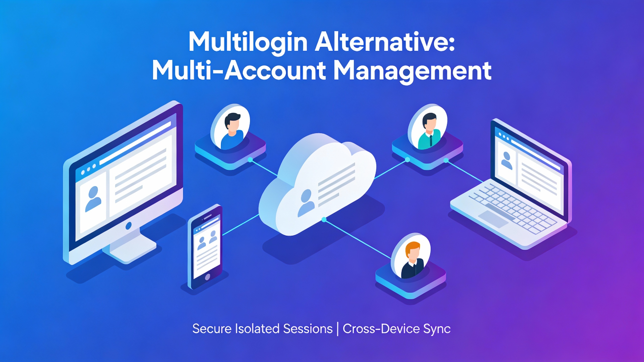 Isometric illustration of multi-account management with Multilogin Alternative.
        Multiple use