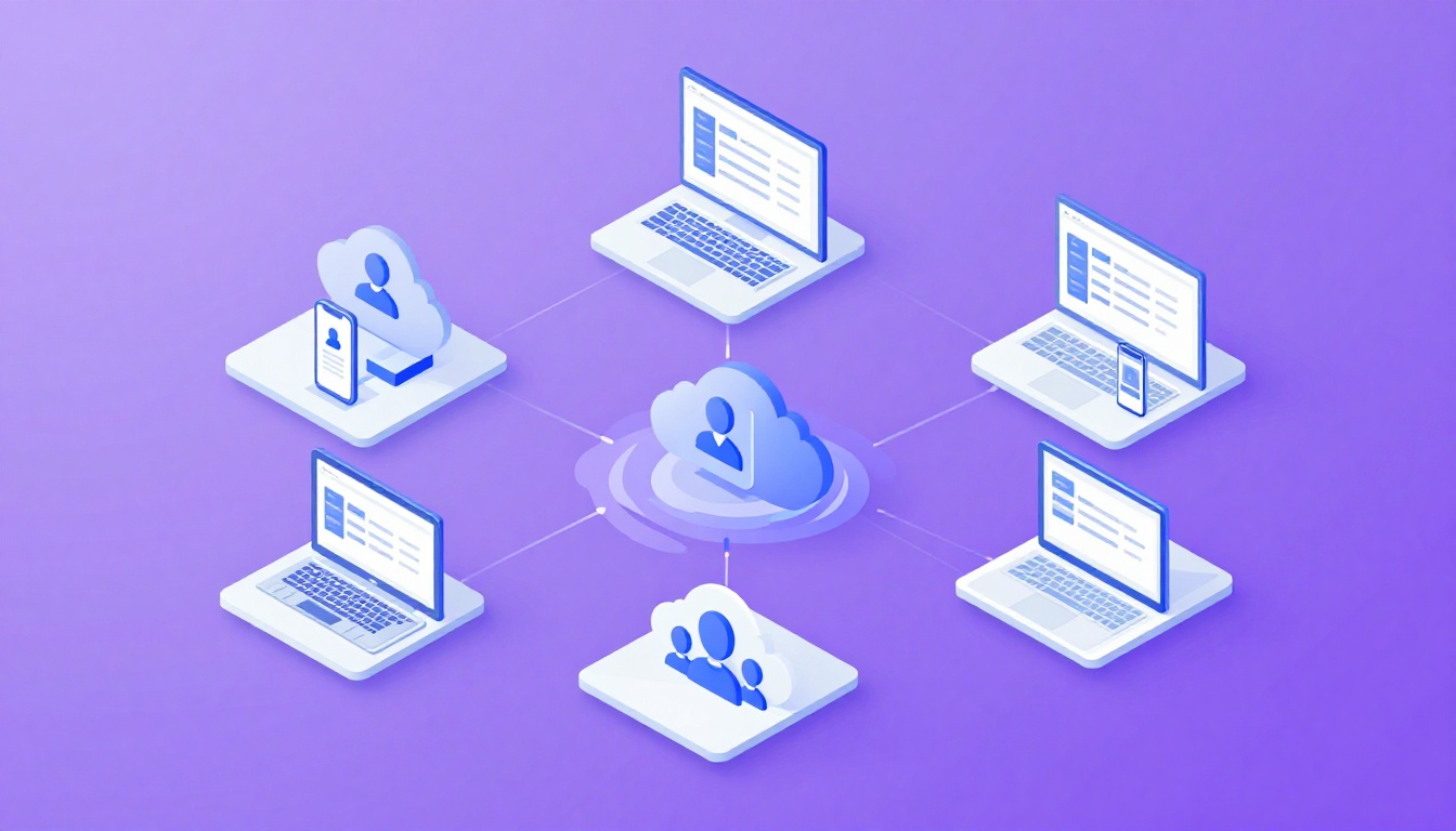 Isometric illustration of multi-account management with Gbp Management Software Multiple Accounts.