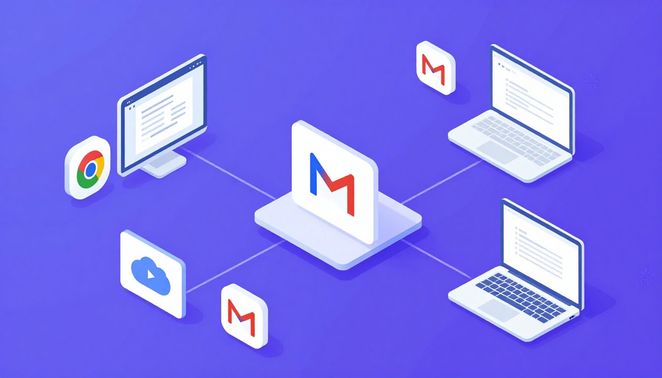 Isometric illustration of multi-account management with How To Manage Multiple Gmail Accounts.