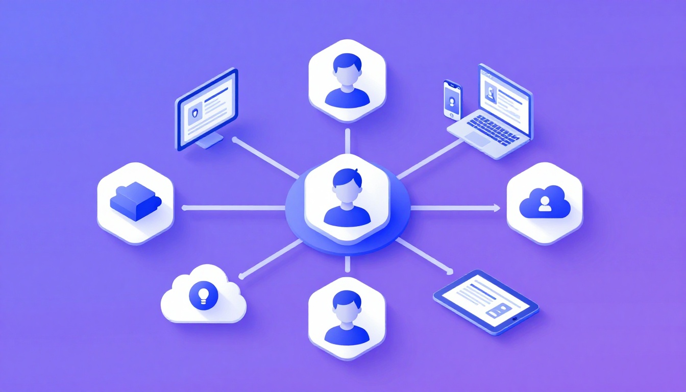 Isometric illustration of multi-account management with Manage Multiple Facebook Accounts.
        M