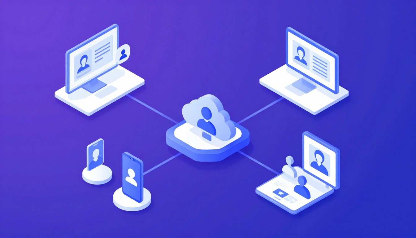 Isometric illustration of multi-account management with Manage Multiple Google My Business Accounts.