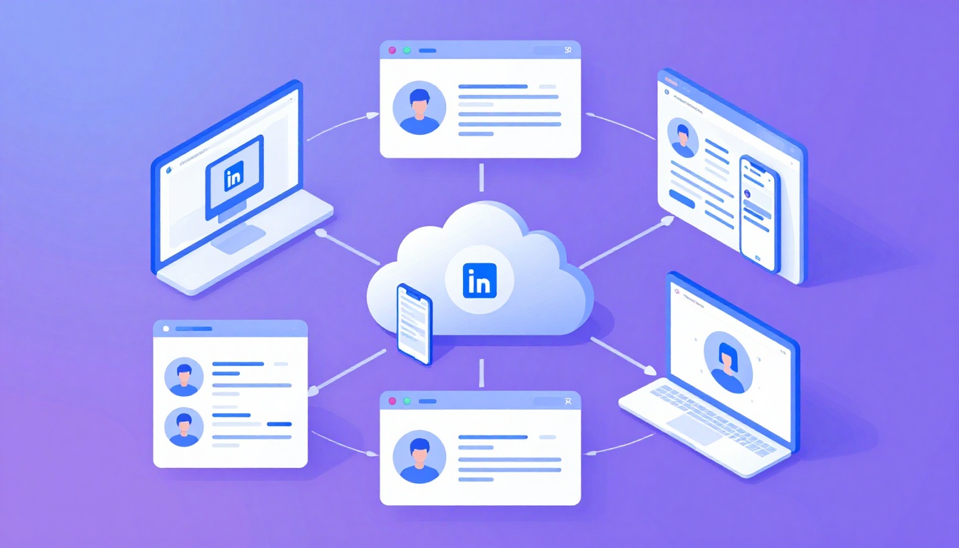 Isometric illustration of multi-account management with Manage Multiple Linkedin Accounts.
M