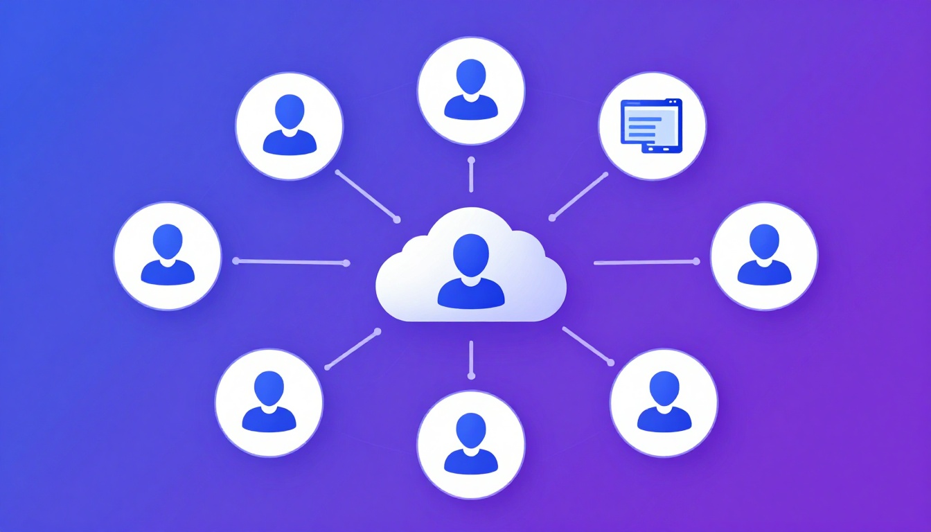 Isometric illustration of multi-account management with Manage Multiple Social Media Accounts.