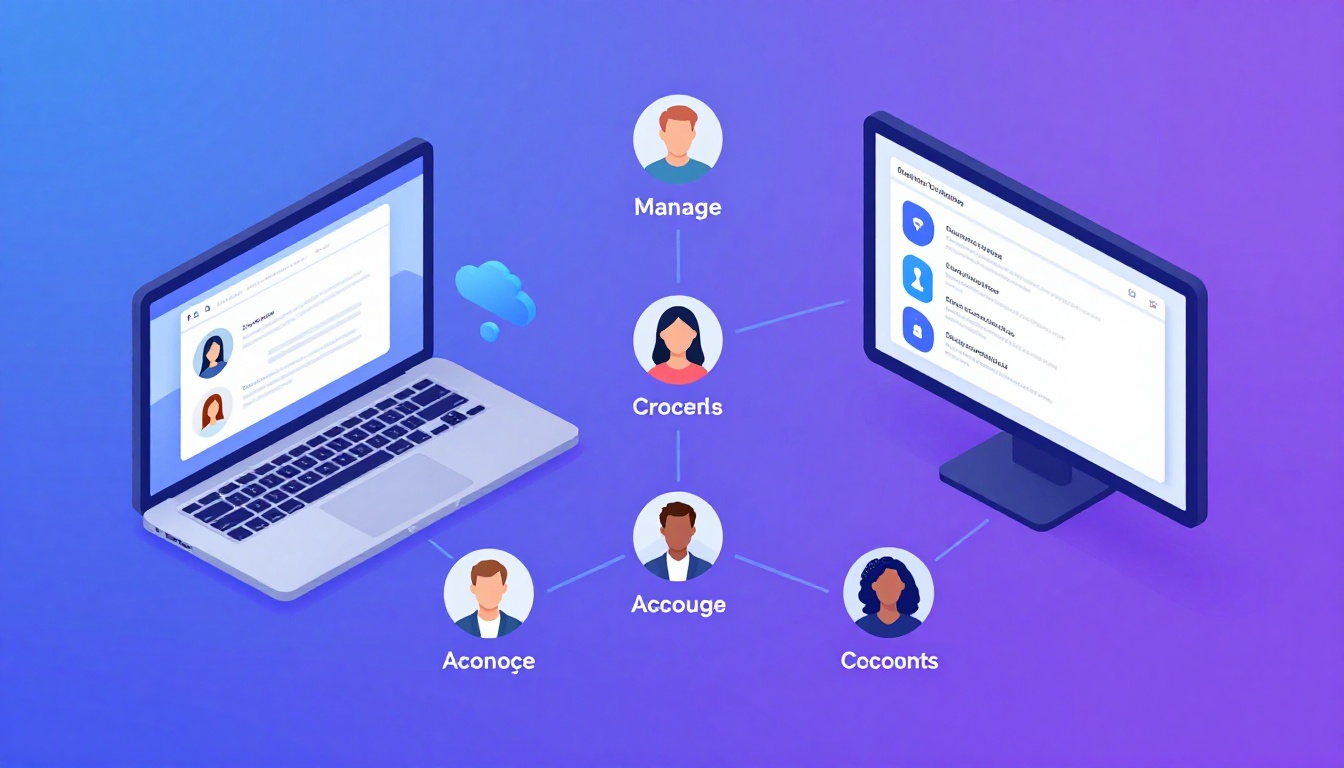 Isometric illustration of multi-account management with Manage Multiple Twitter Accounts.
Mu