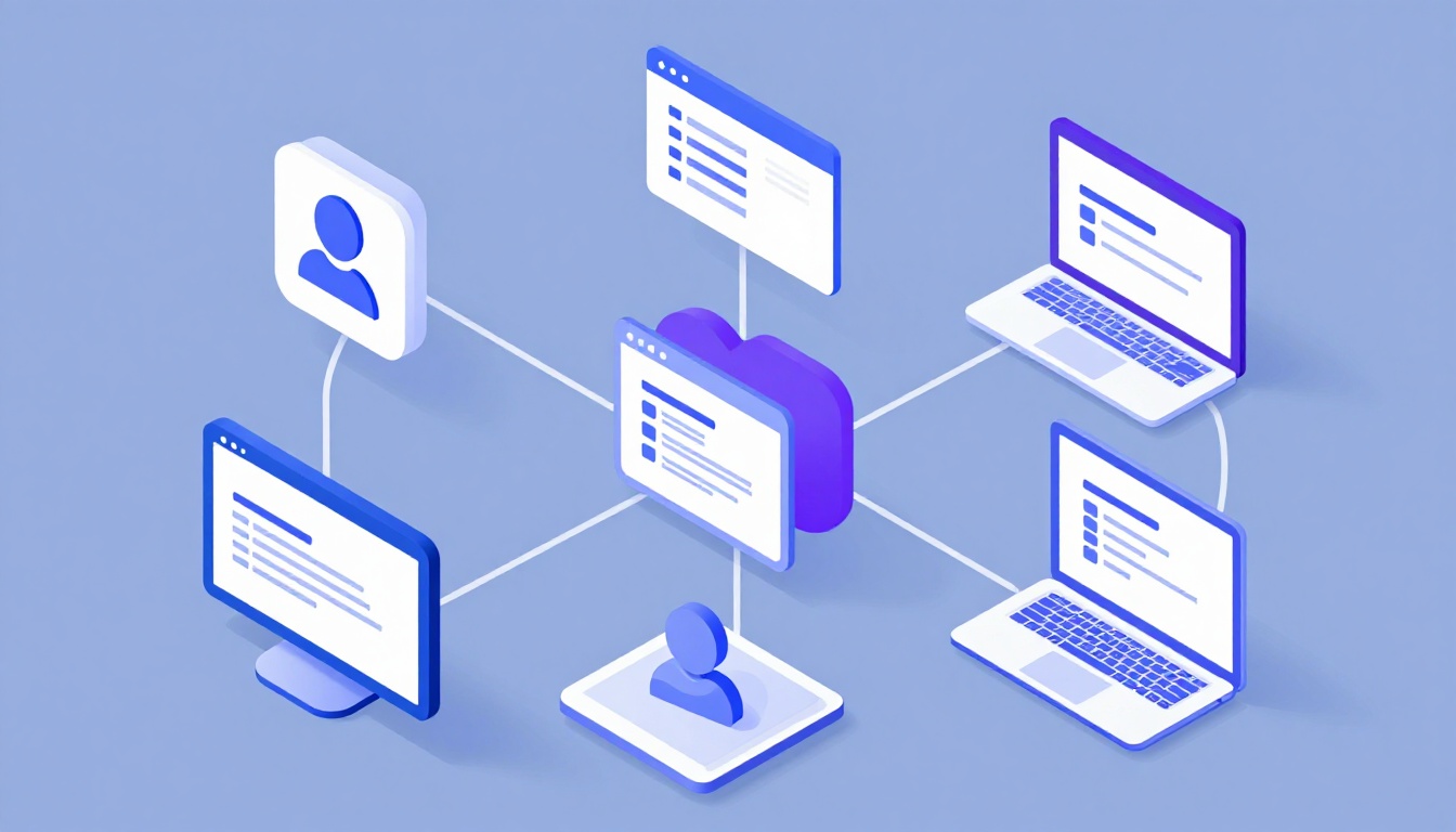 Isometric illustration of multi-account management with Managing Multiple Ad Accounts Efficiently.