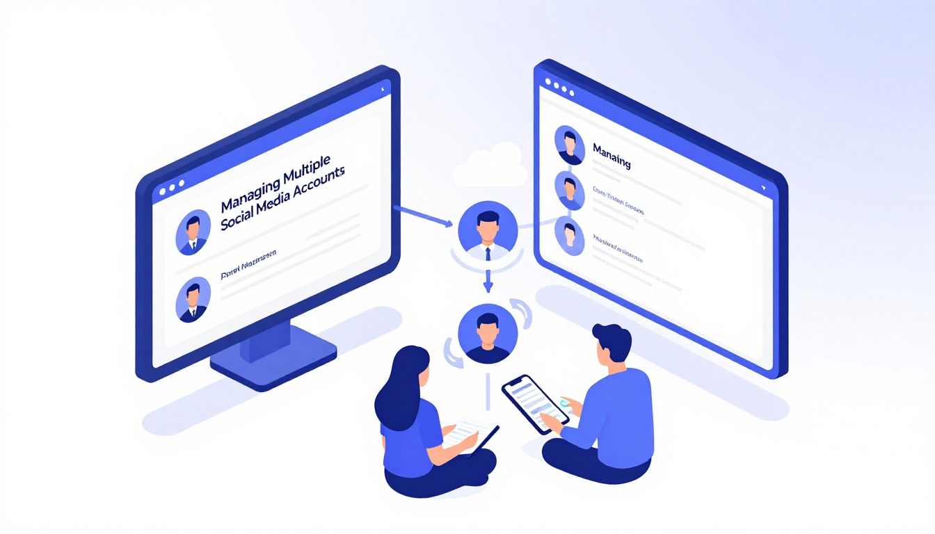 Isometric illustration of multi-account management with Managing Multiple Social Media Accounts.
   