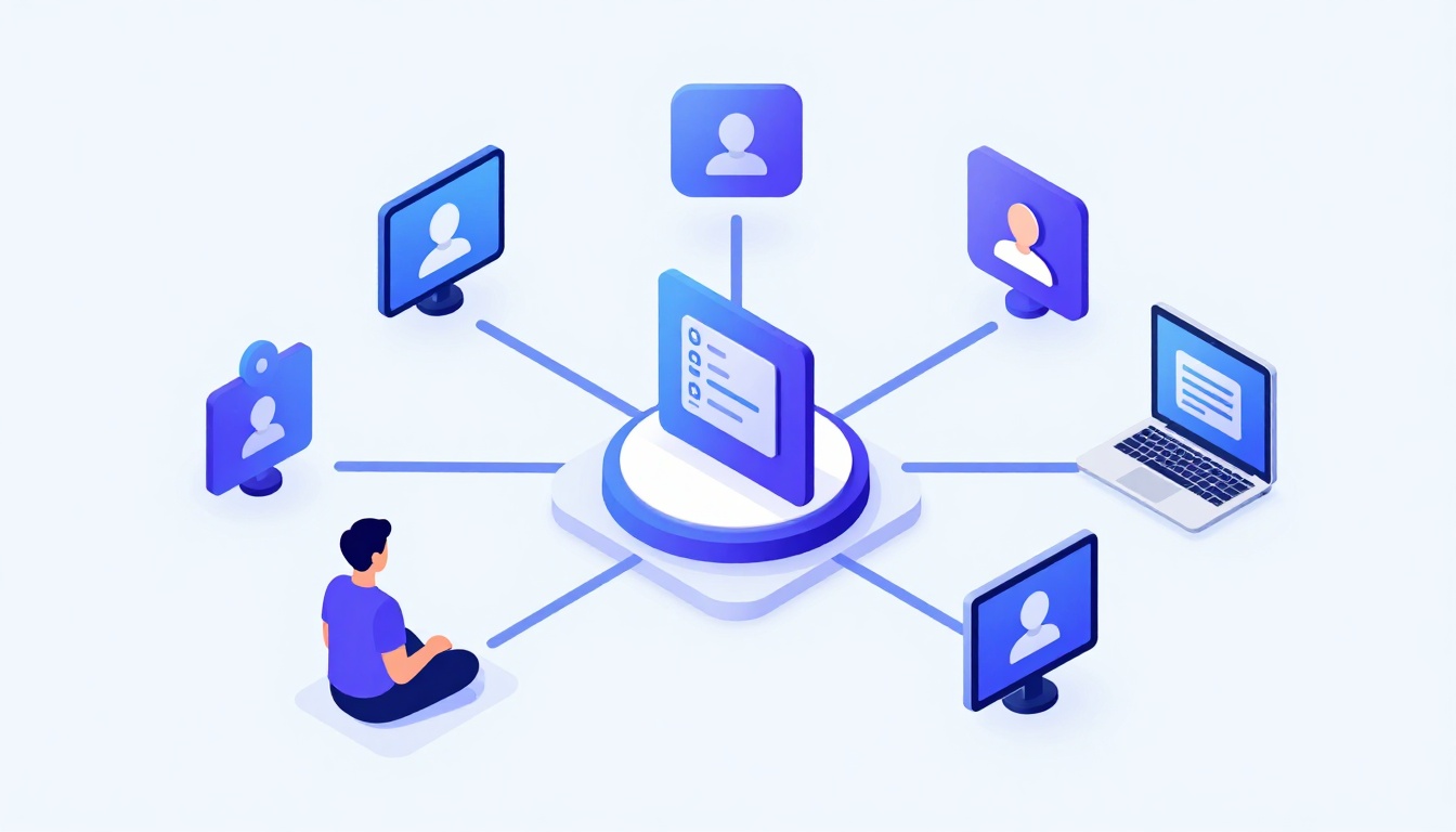 Isometric illustration of multi-account management with App To Manage Multiple Cloud Accounts.
     