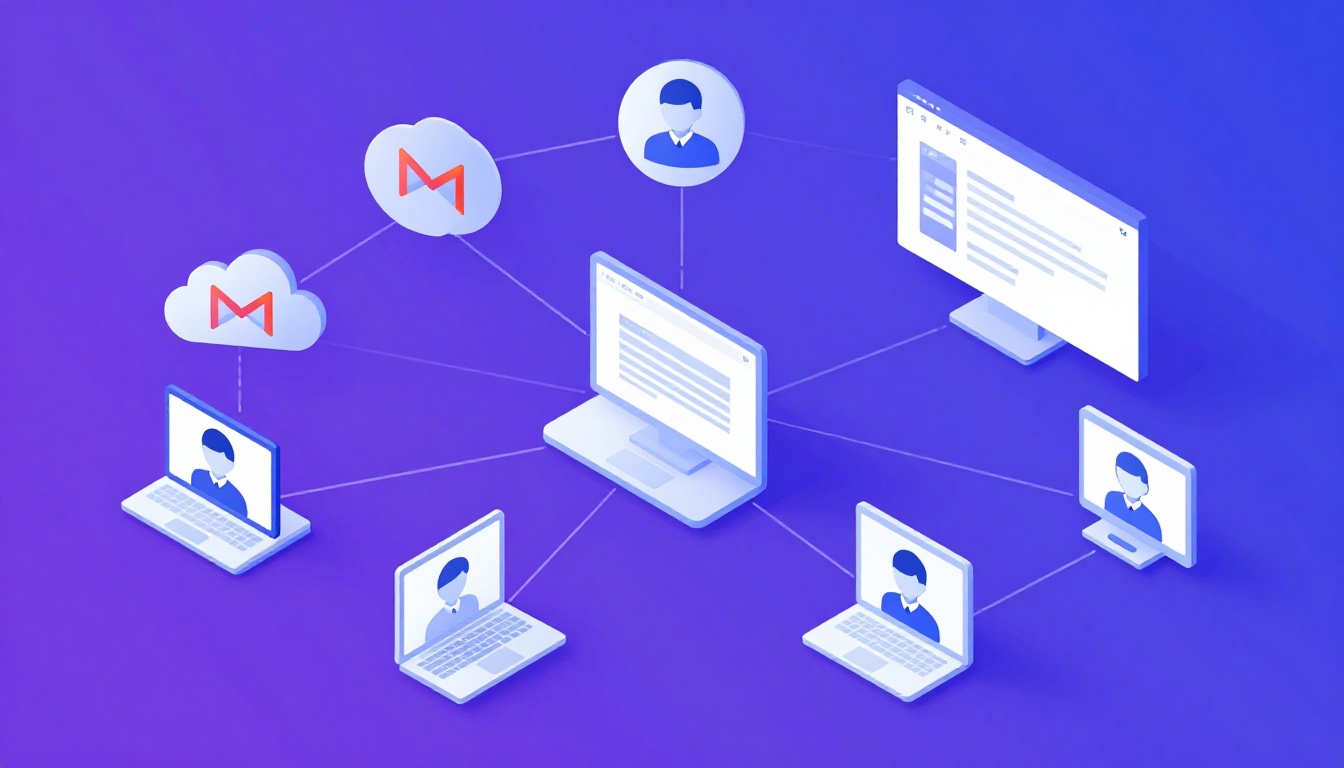 Isometric illustration of multi-account management with Best Way To Manage Multiple Gmail Accounts.
