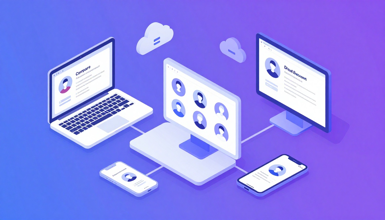 Isometric illustration of multi-account management with Compare Digital Banking Apps For Managing Mu