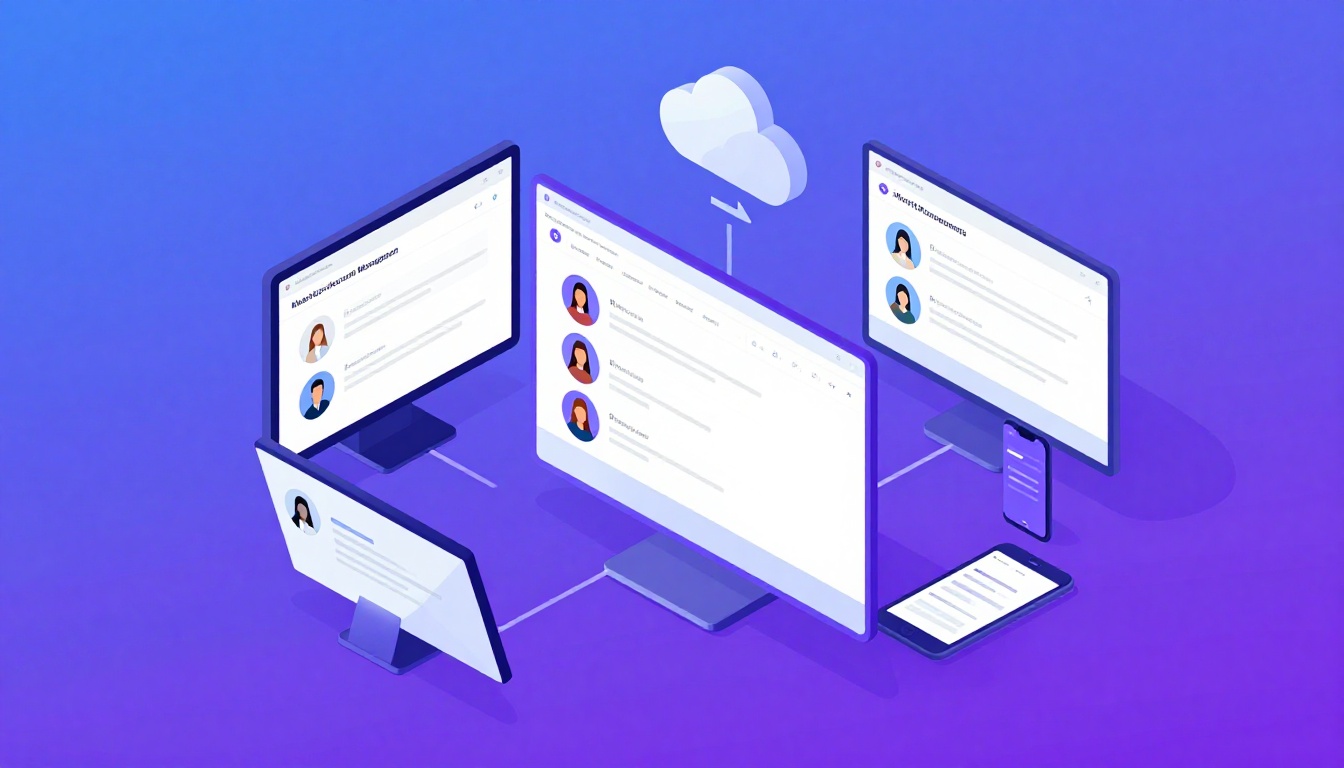 Isometric illustration of multi-account management with Elementor Pro Multiple Users Account Managem