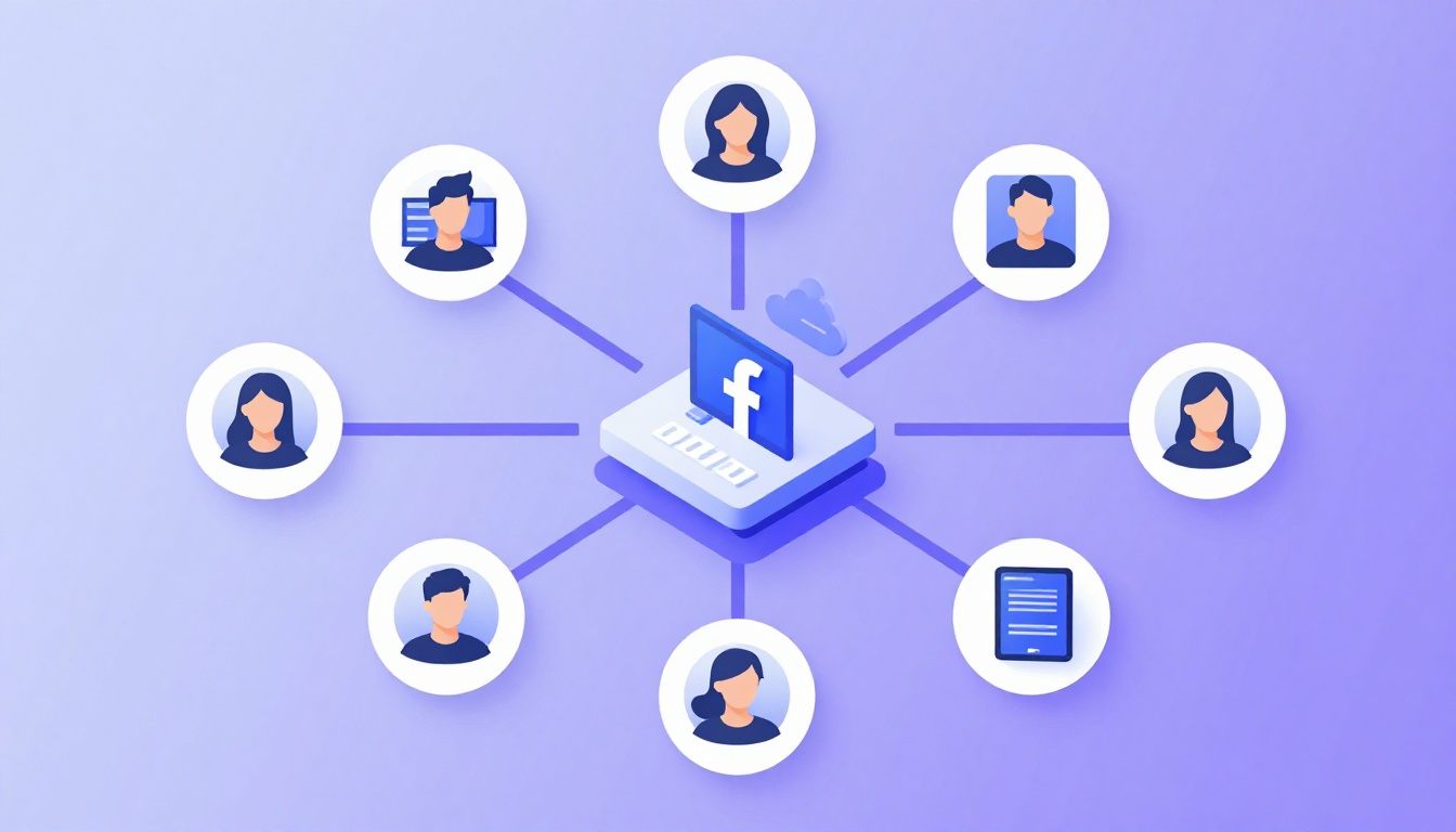 Isometric illustration of multi-account management with Facebook Manage Multiple Accounts.
        M