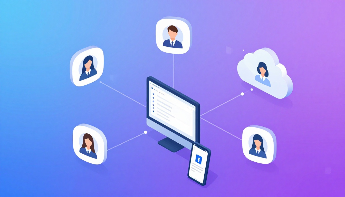 Isometric illustration of multi-account management with Manage Facebook Account Multiple.
Mu