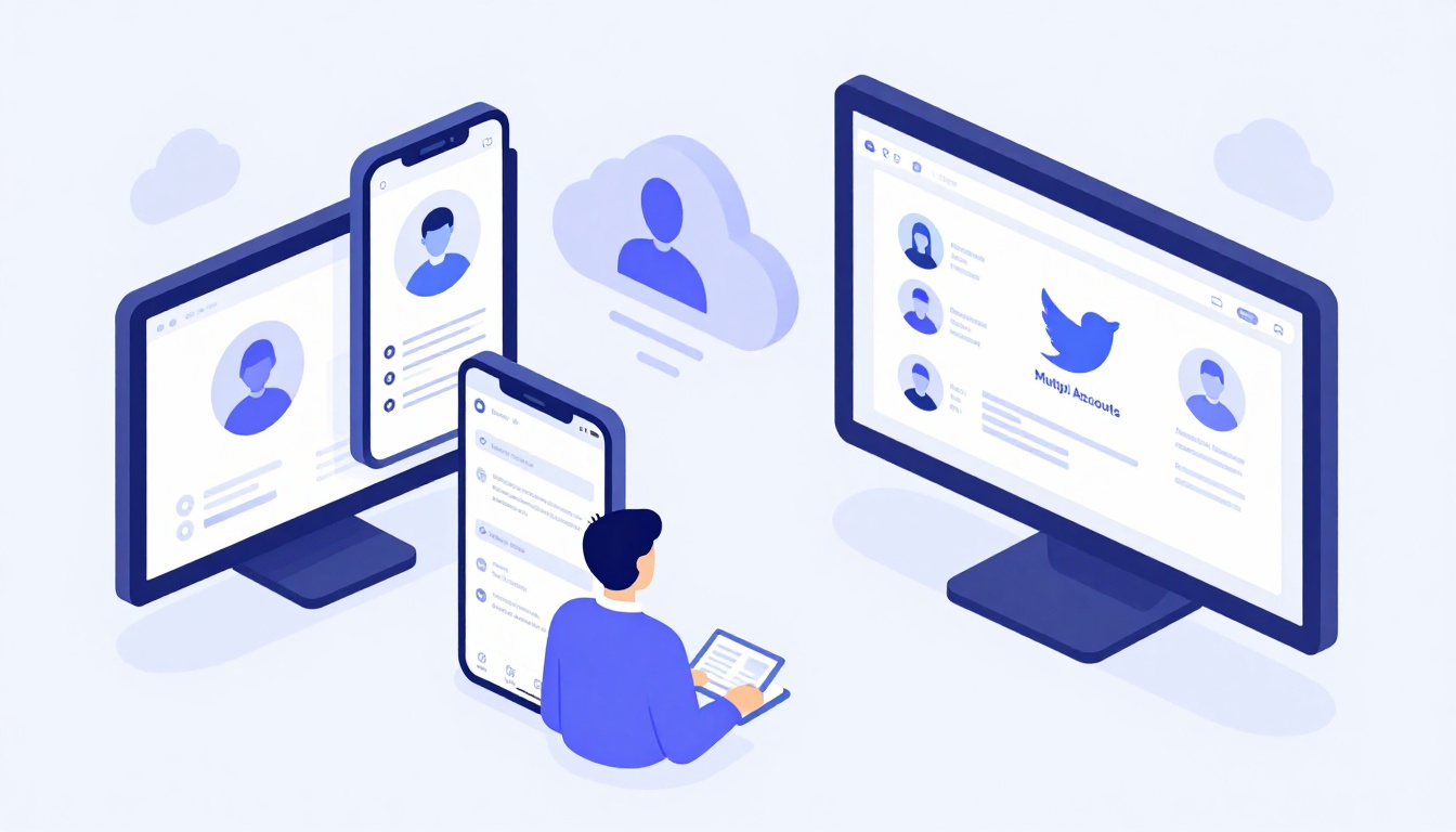 Isometric illustration of multi-account management with Manage Multiple Accounts On Twitter.
       