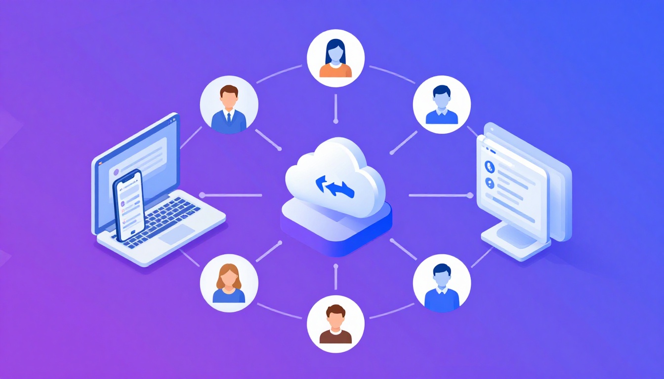 Isometric illustration of multi-account management with Manage Multiple Airbnb Accounts.
        Mul