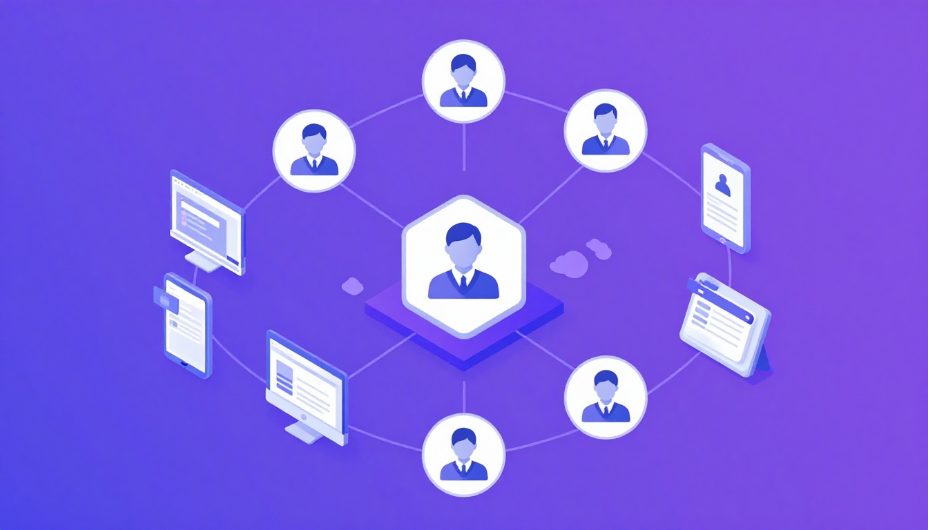 Isometric illustration of multi-account management with Manage Multiple Business Phones From One Acc