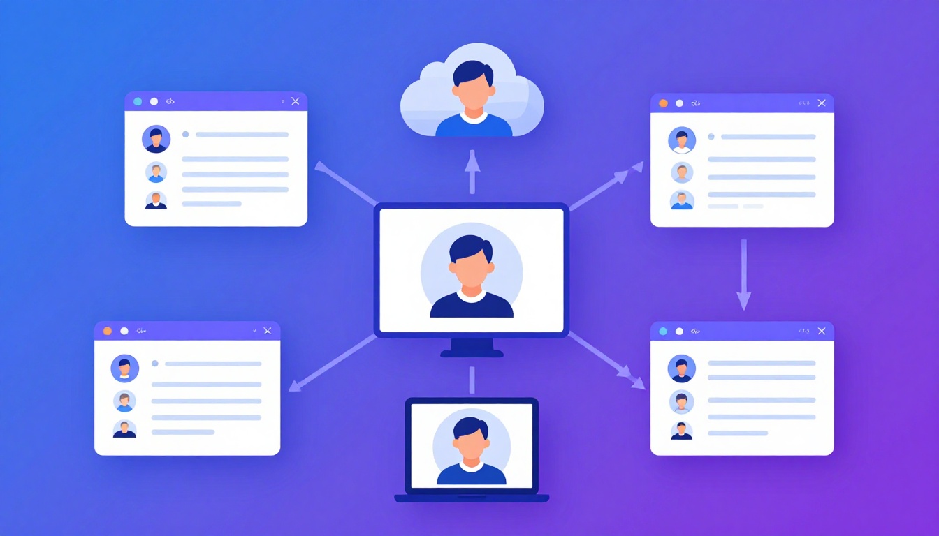 Isometric illustration of multi-account management with Manage Multiple Discord Accounts.
        Mu
