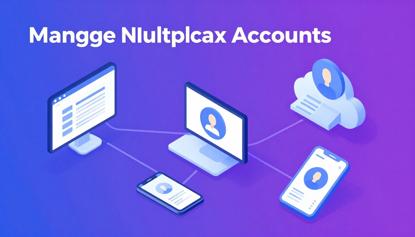 Isometric illustration of multi-account management with Manage Multiple Dropbox Accounts.
Mu
