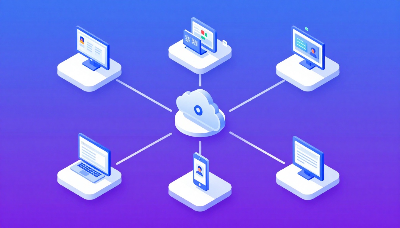 Isometric illustration of multi-account management with Manage Multiple Google Accounts.
        Mul