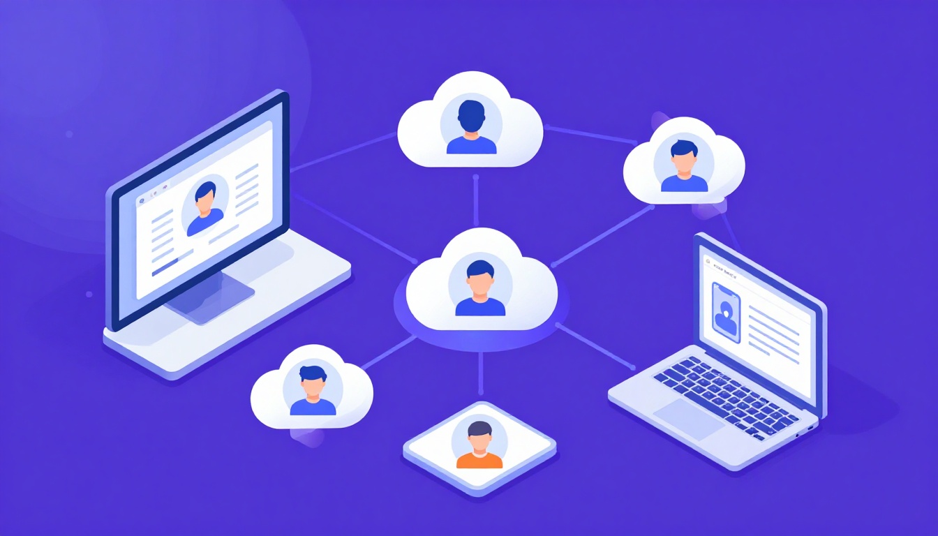 Isometric illustration of multi-account management with Manage Multiple Google Drive Accounts.