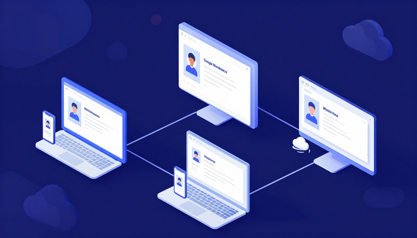 Isometric illustration of multi-account management with Manage Multiple Google Workspace Accounts.
 