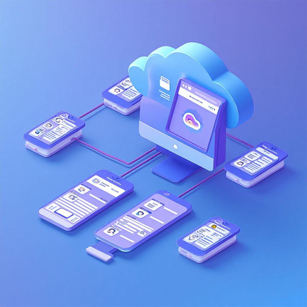 Isometric illustration of multi-account management with Manage Multiple Microsoft Accounts.
        