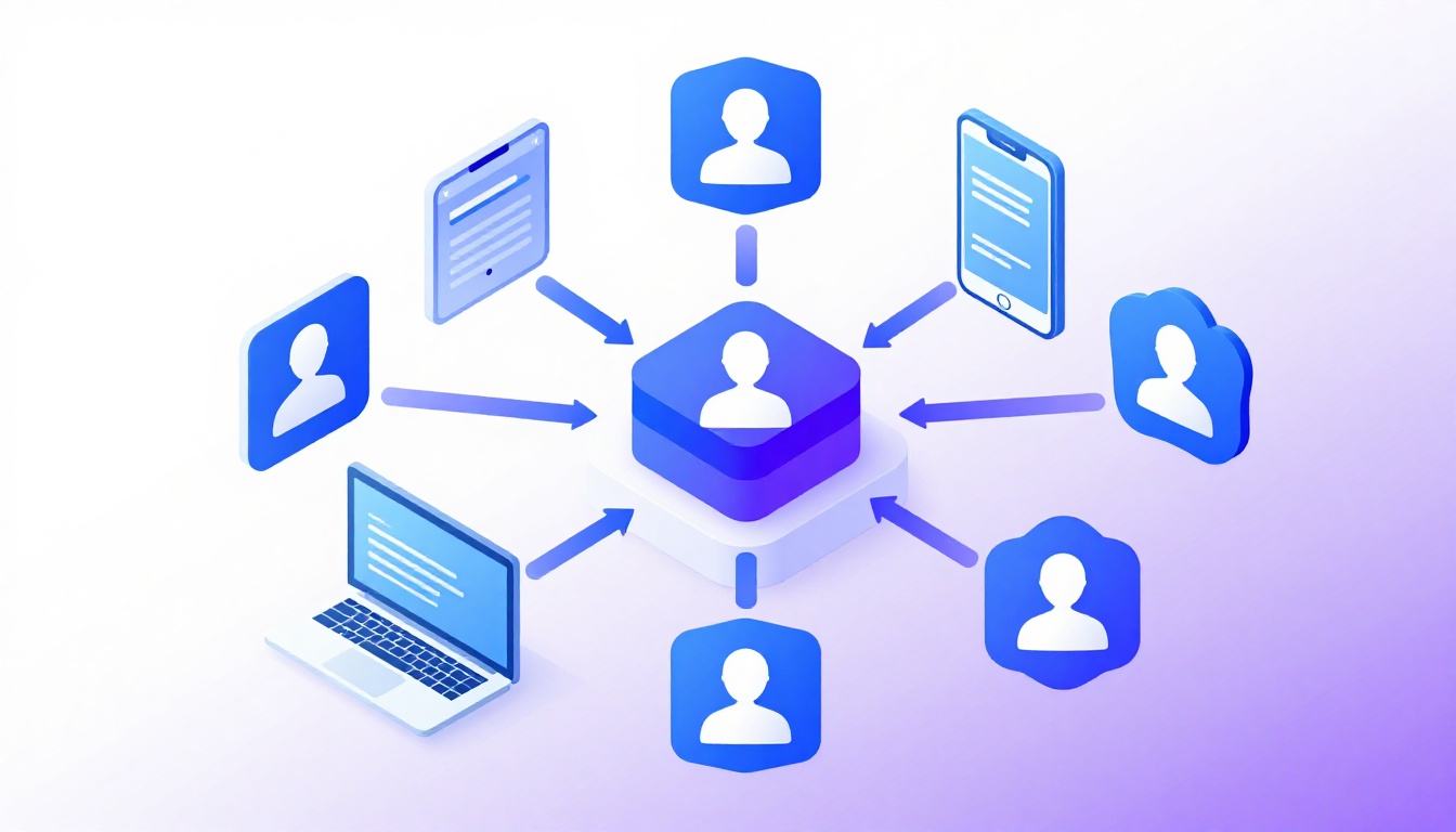 Isometric illustration of multi-account management with Manage Multiple Office 365 Accounts.
       