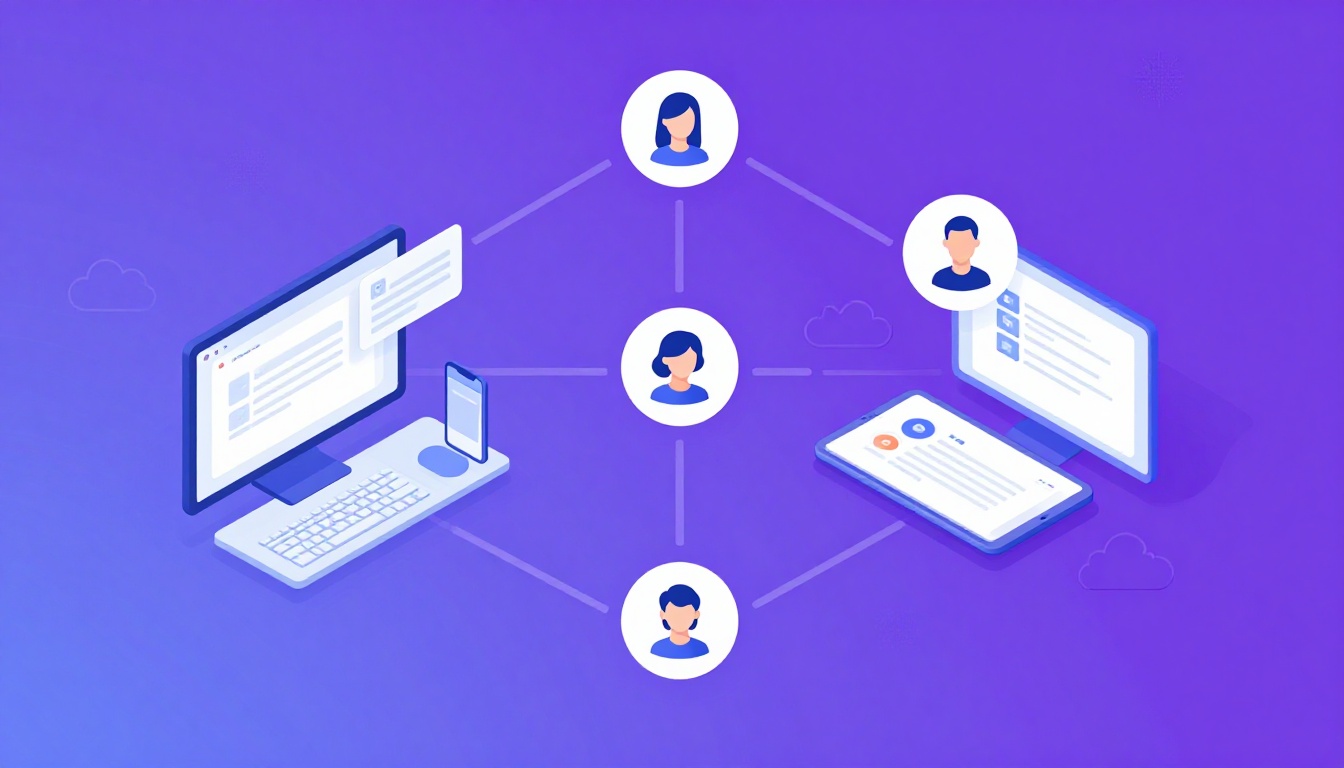 Isometric illustration of multi-account management with Manage Multiple Onedrive Accounts.
M