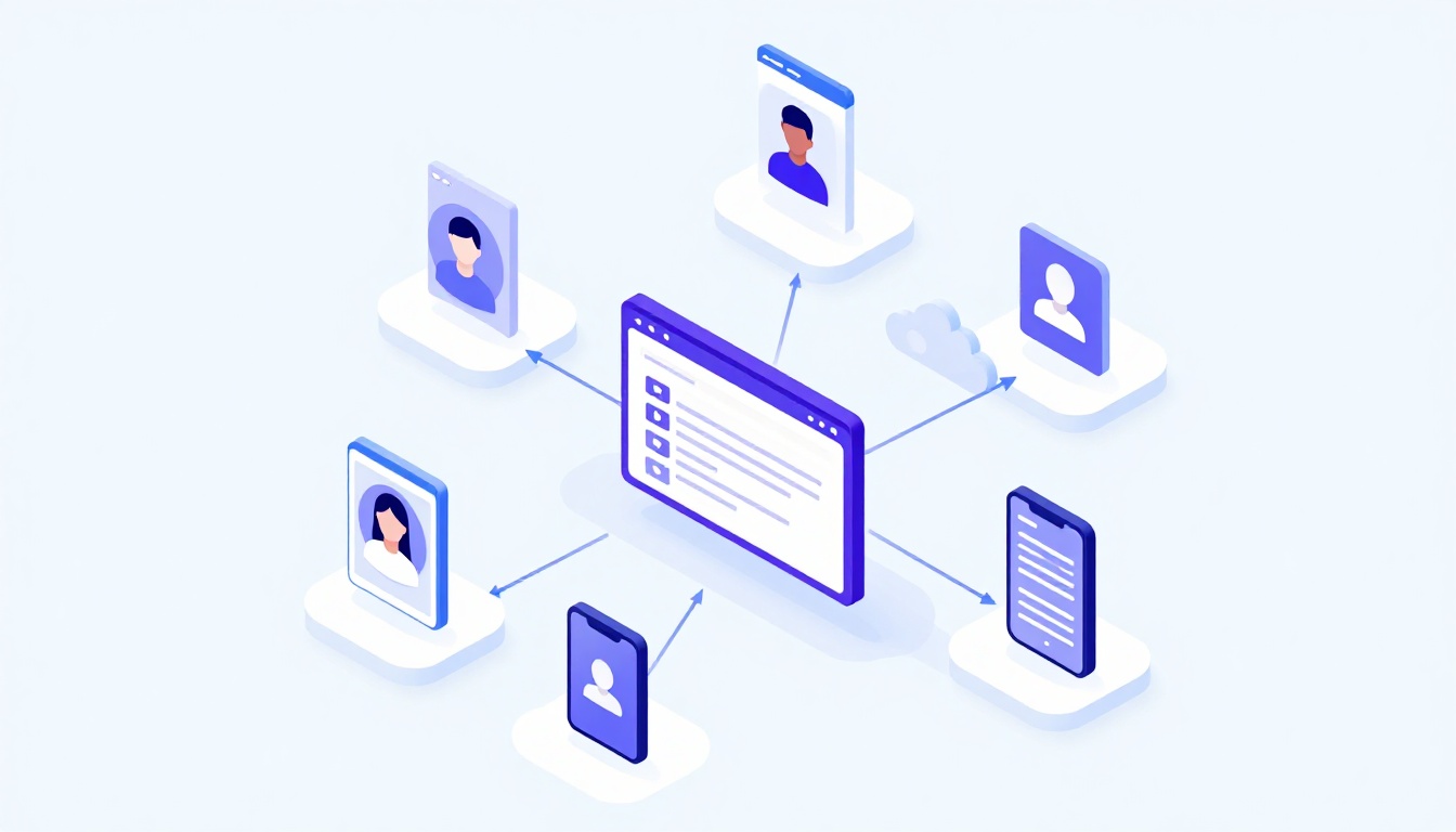 Isometric illustration of multi-account management with Manage Multiple Onlyfans Accounts.
        M