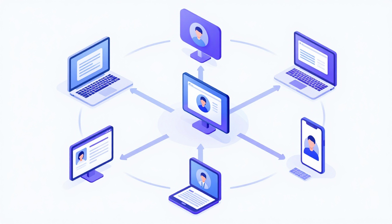 Isometric illustration of multi-account management with Manage Multiple Shopify Stores From One Acco