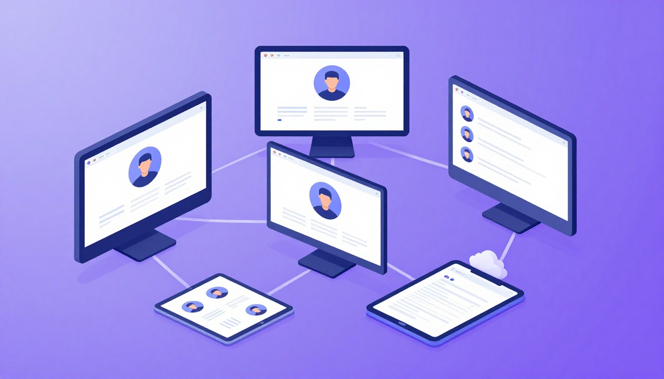 Isometric illustration of multi-account management with Manage Multiple Social Accounts.
        Mul