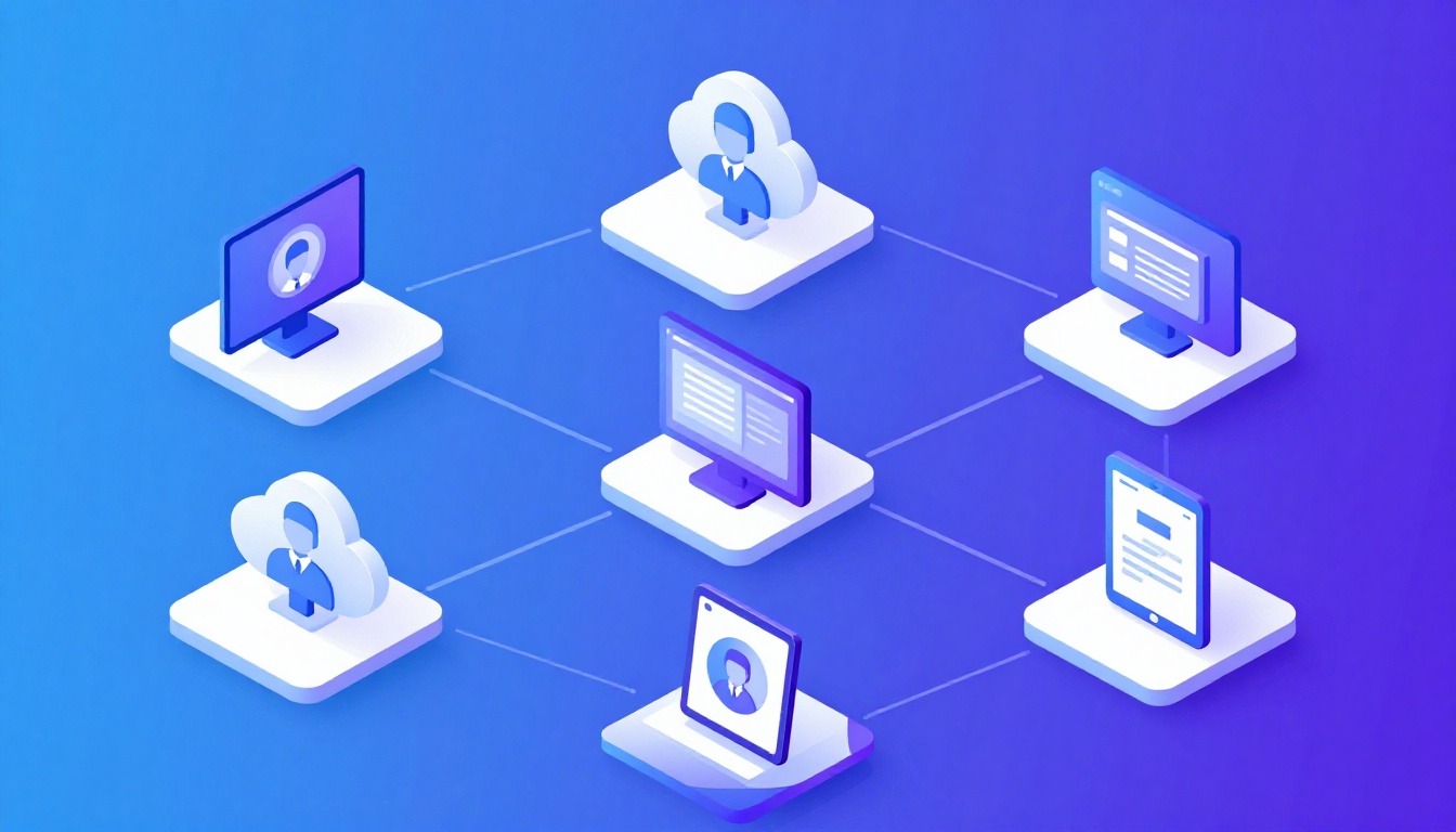 Isometric illustration of multi-account management with Manage Multiple Teams Accounts.
        Mult