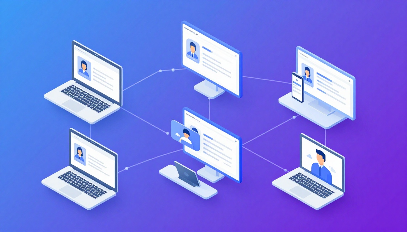 Isometric illustration of multi-account management with Manage Multiple Trading Accounts.
        Mu