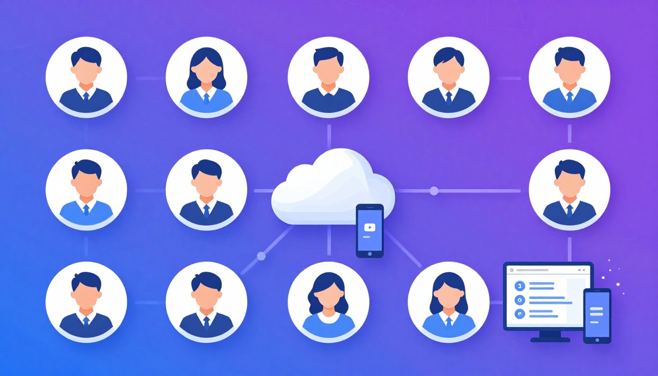 Isometric illustration of multi-account management with Manage Multiple Youtube Accounts.
        Mu