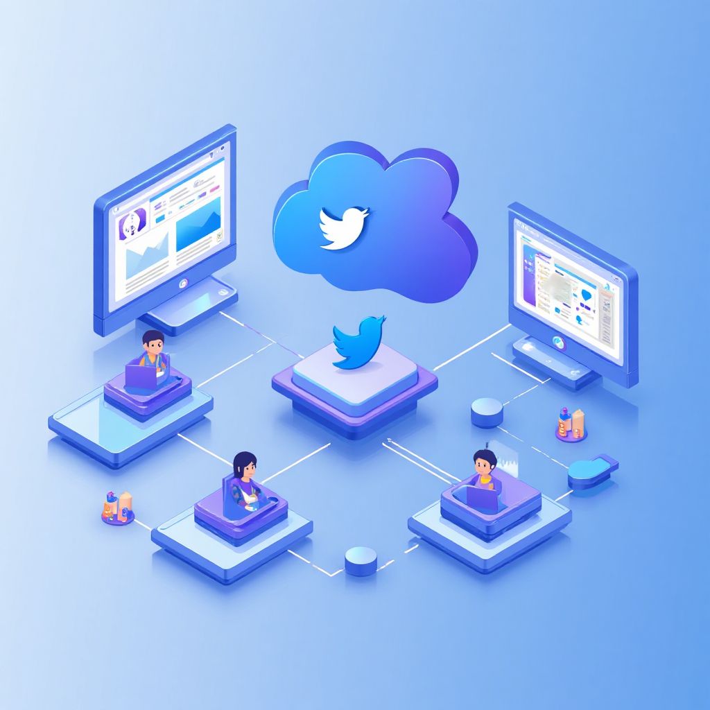 Isometric illustration of multi-account management with Manage Twitter Account Multiple Users.
     