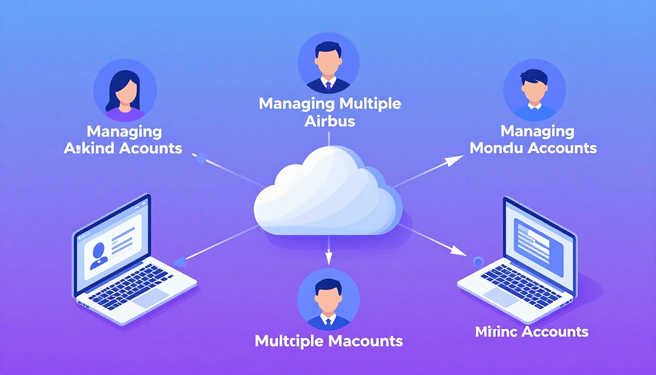 Isometric illustration of multi-account management with Managing Multiple Airbnb Accounts.
        M