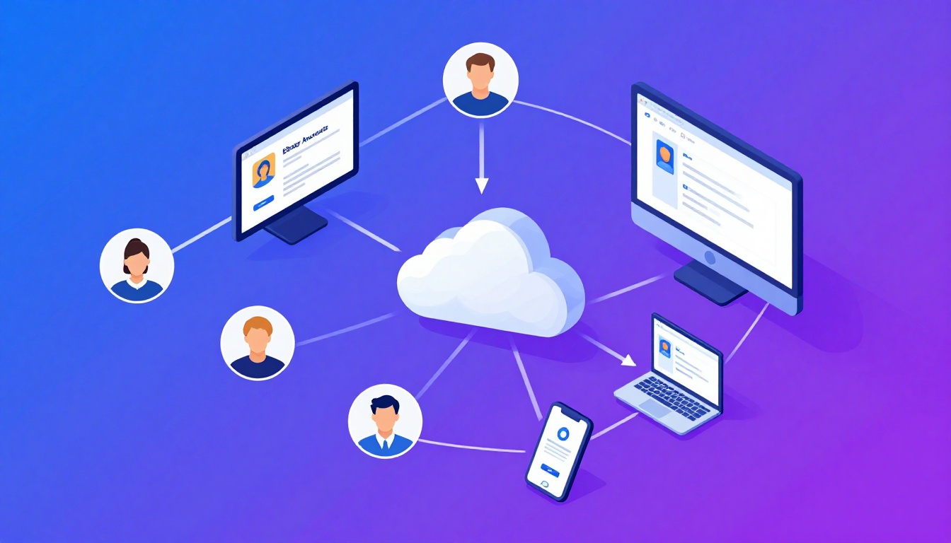 Isometric illustration of multi-account management with Managing Multiple Ebay Accounts.
Mul