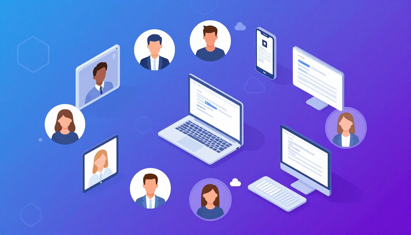 Isometric illustration of multi-account management with Managing Multiple Facebook Accounts.