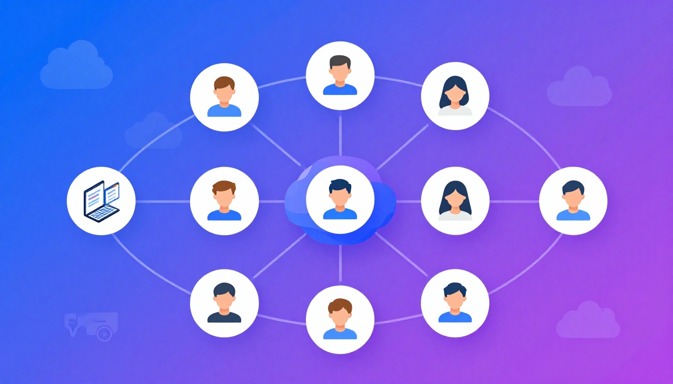 Isometric illustration of multi-account management with Managing Multiple Google Accounts.
M