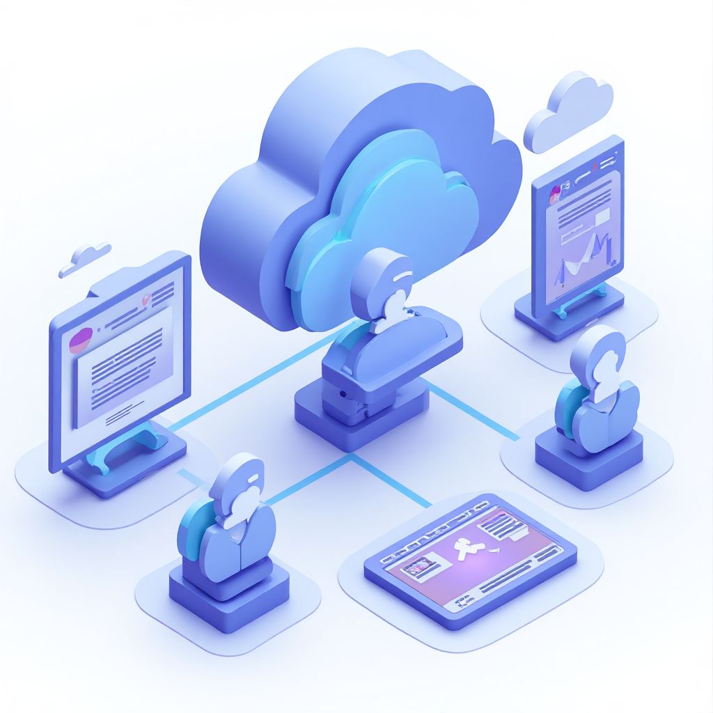 Isometric illustration of multi-account management with Managing Multiple Icloud Accounts.
        M