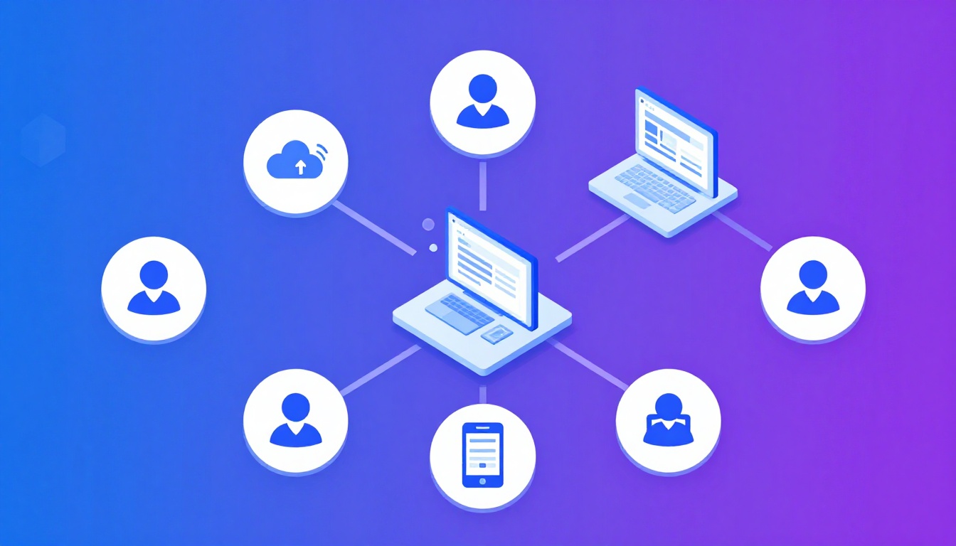 Isometric illustration of multi-account management with Managing Multiple Office 365 Accounts.
