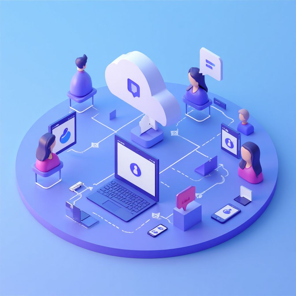 Isometric illustration of multi-account management with Managing Multiple Teams Accounts.
Mu