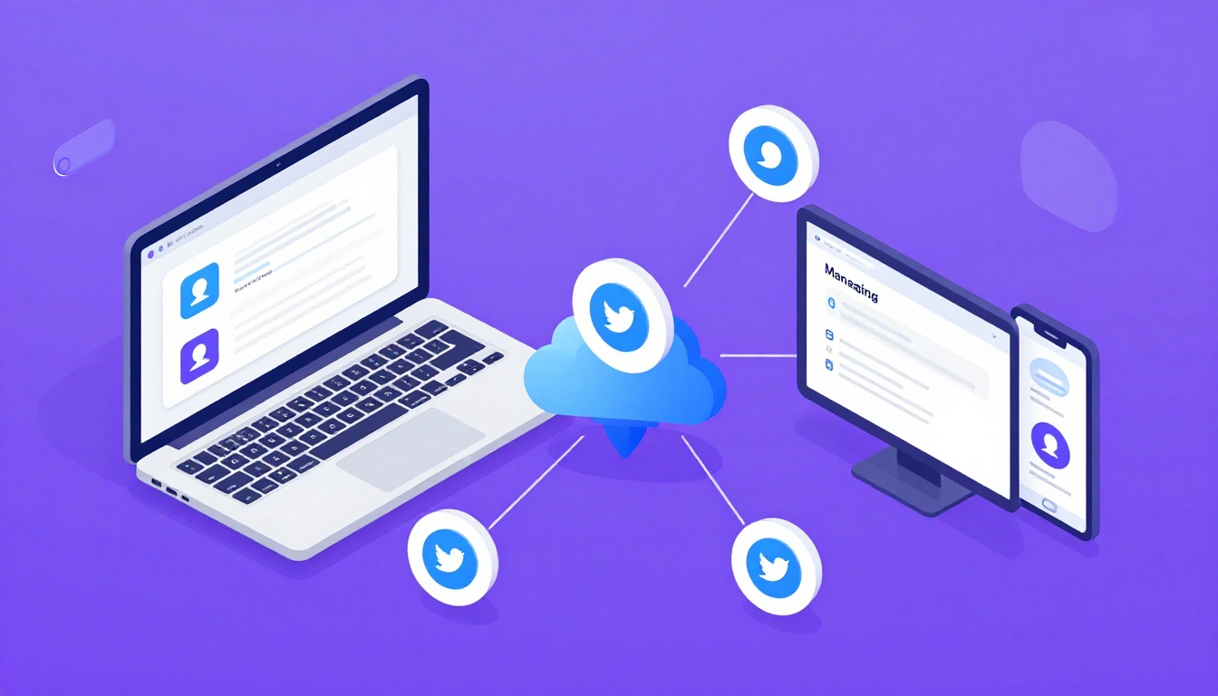 Isometric illustration of multi-account management with Managing Multiple Twitter Accounts.
        