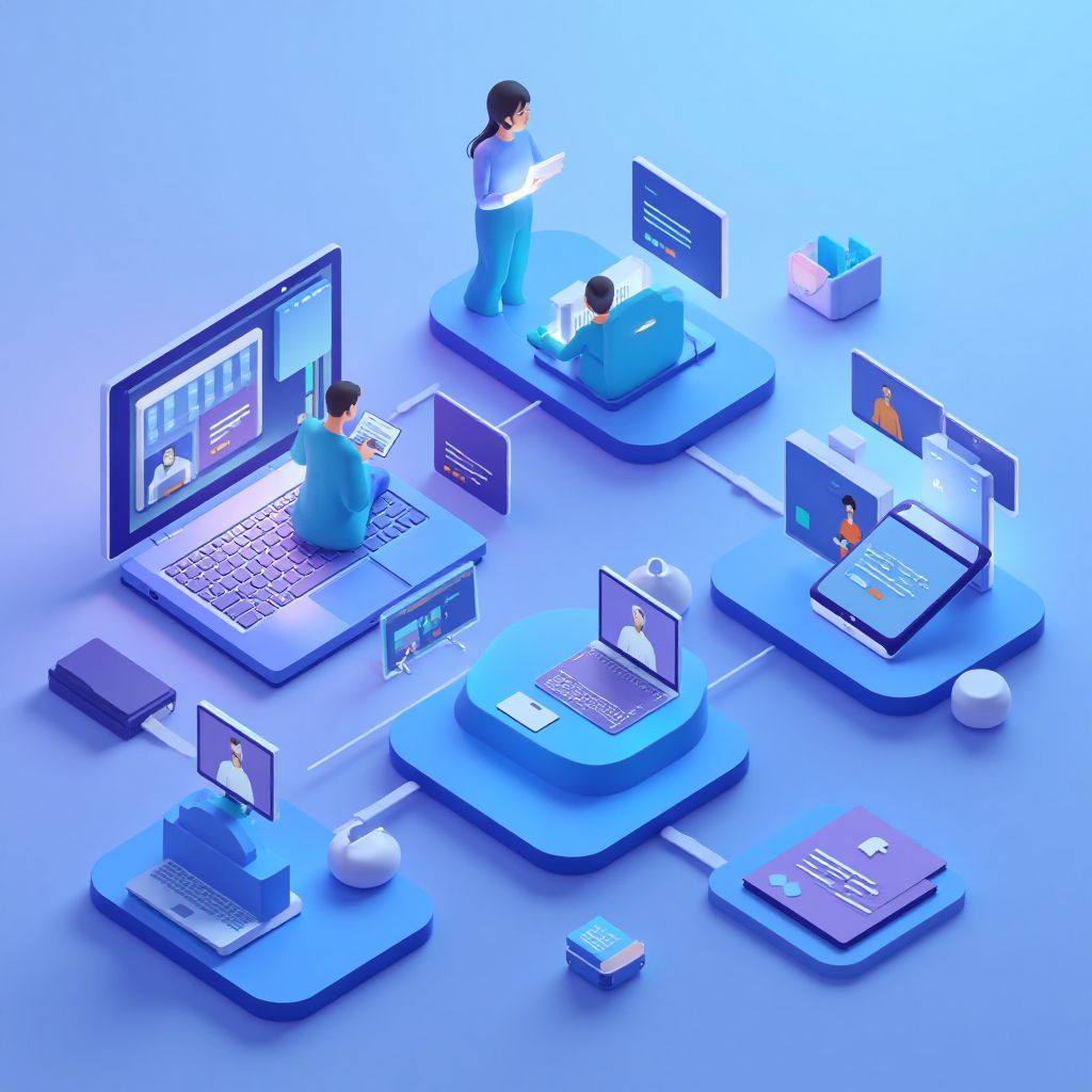 Isometric illustration of multi-account management with Microsoft Intune Multiple Managed Accounts.
