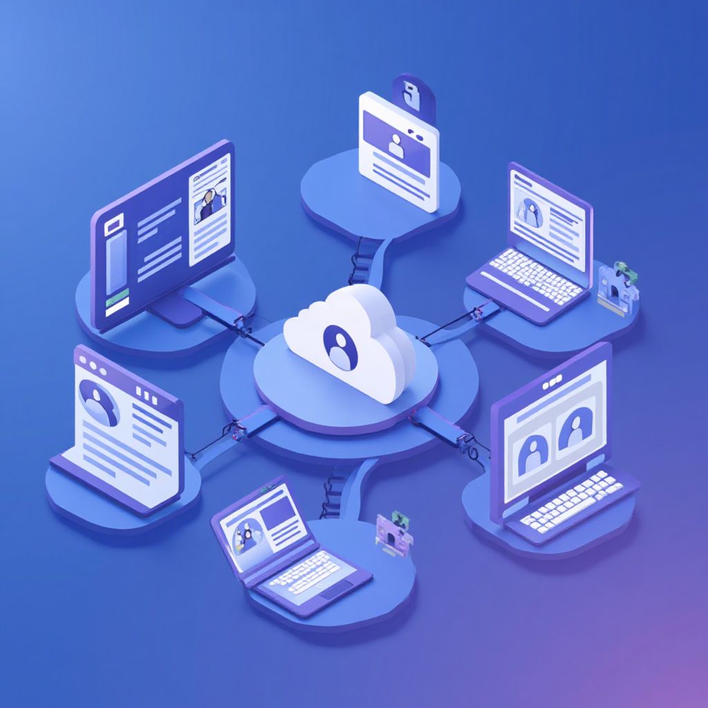 Isometric illustration of multi-account management with Multiple Business Manager Accounts Facebook.