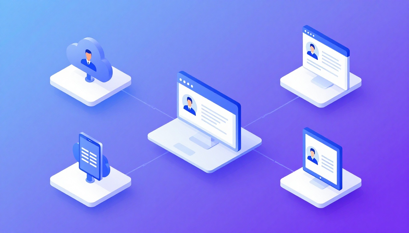 Isometric illustration of multi-account management with Multiple Facebook Business Manager Accounts.