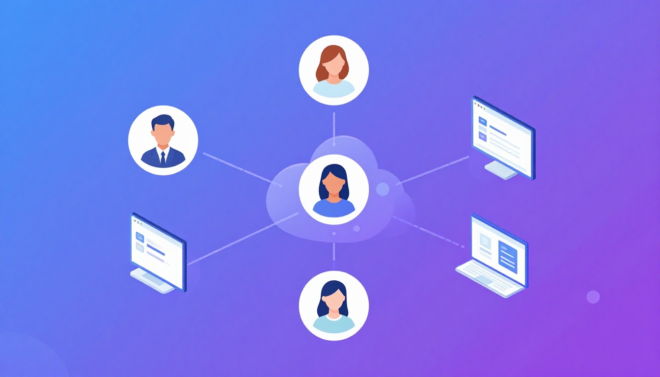 Isometric illustration of multi-account management with Multiple Social Media Account Manager.