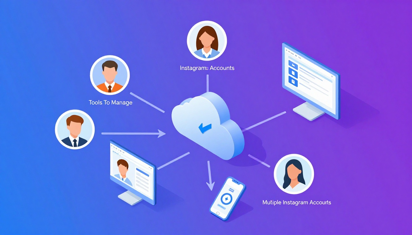 Isometric illustration of multi-account management with Tools To Manage Multiple Instagram Accounts.