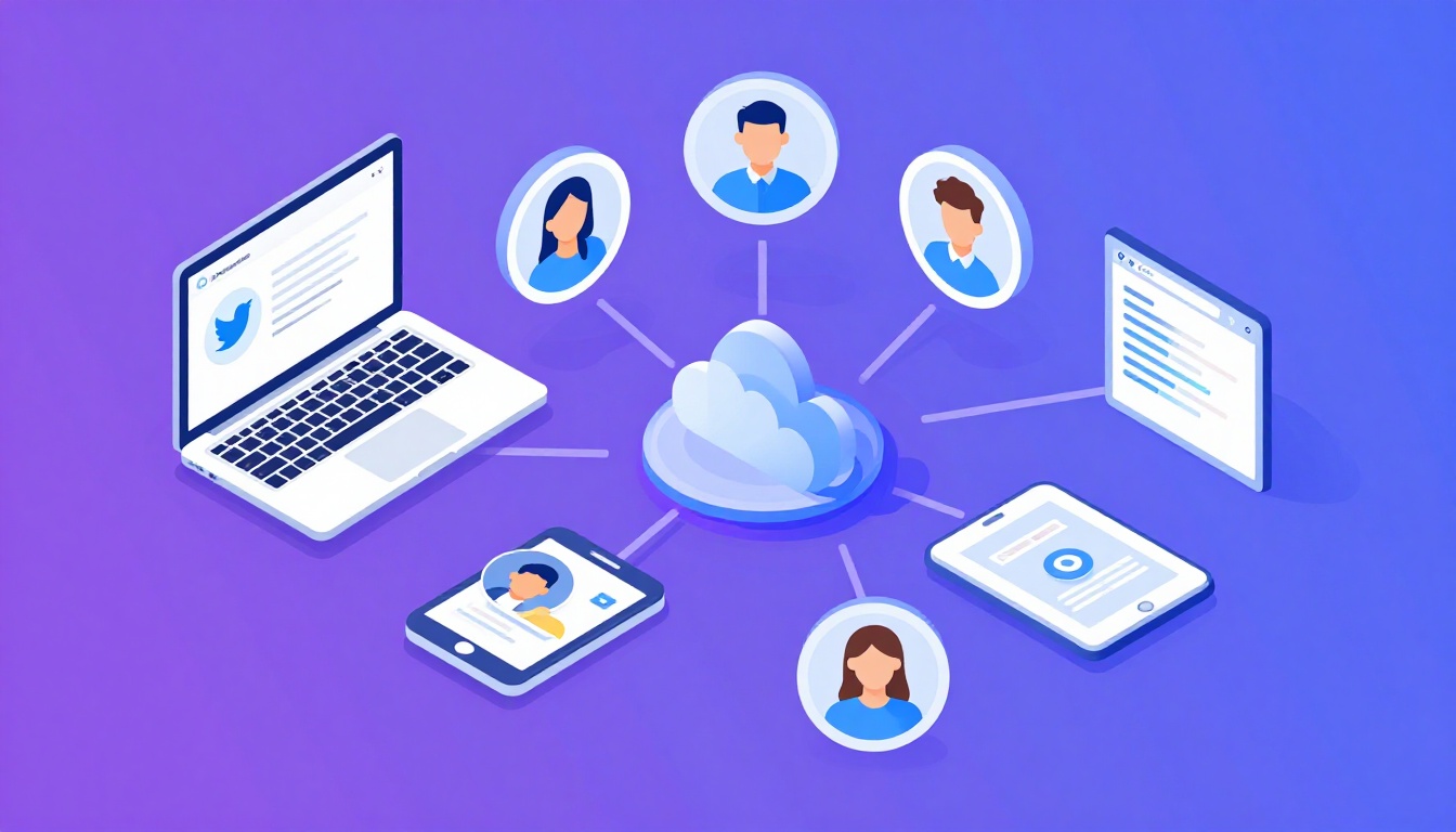 Isometric illustration of multi-account management with Twitter Manage Multiple Accounts.
Mu