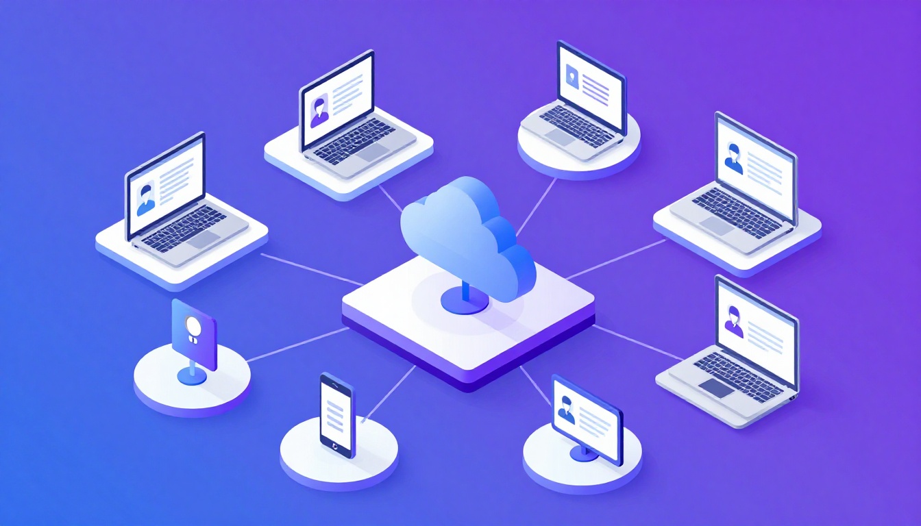 Isometric illustration of multi-account management with Vendors Managing Account Based Campaigns Mul